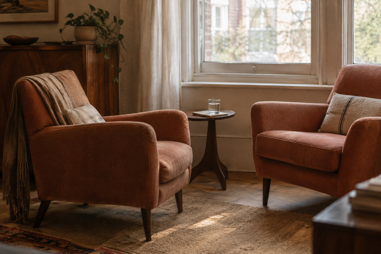 Two armchairs facing each other in warm light, representing hypnotherapy and NLP sessions with Astara