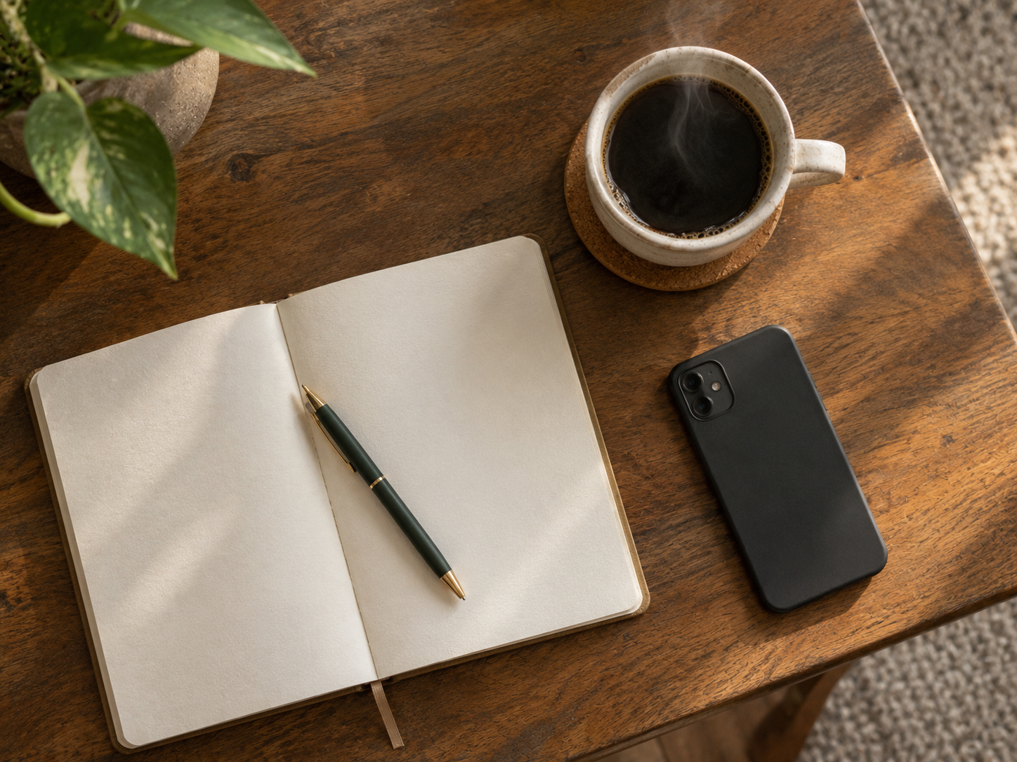 Notebook, pen and a cup of coffee on a table beside a phone, set up ready for a psychic phone reading