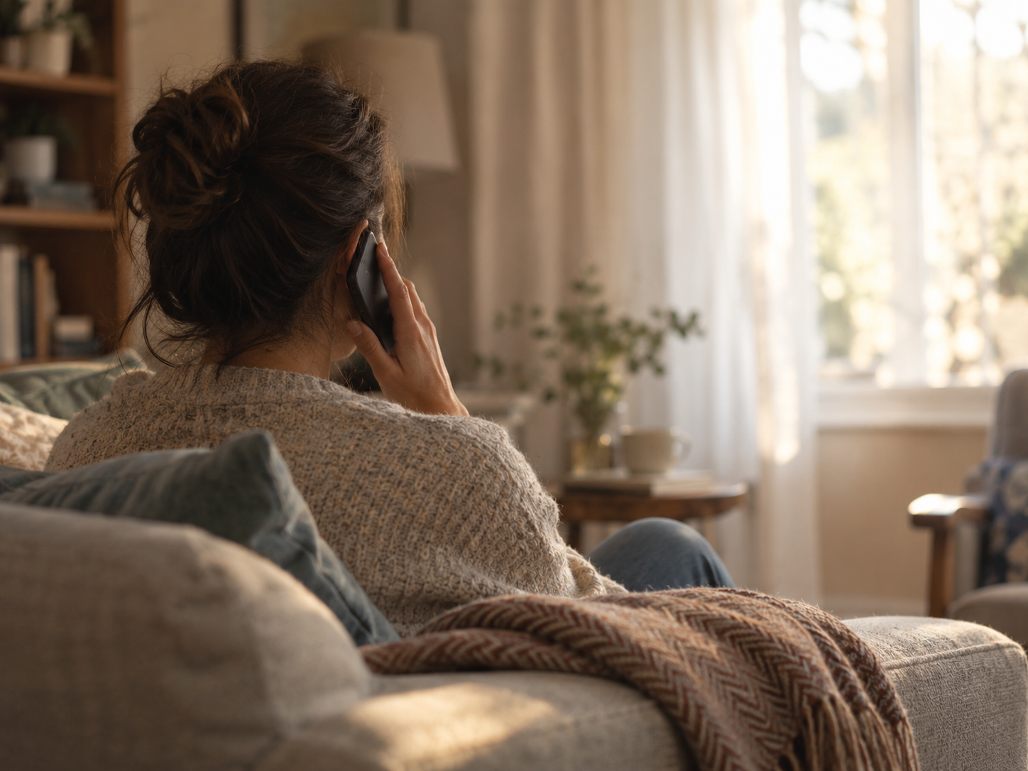 Person sitting quietly on a sofa at home during a phone call, representing what to expect from a reading with Astara