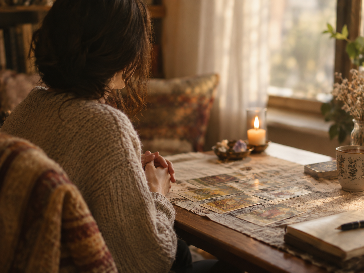 Person sitting quietly at a table during a calm, private psychic reading session