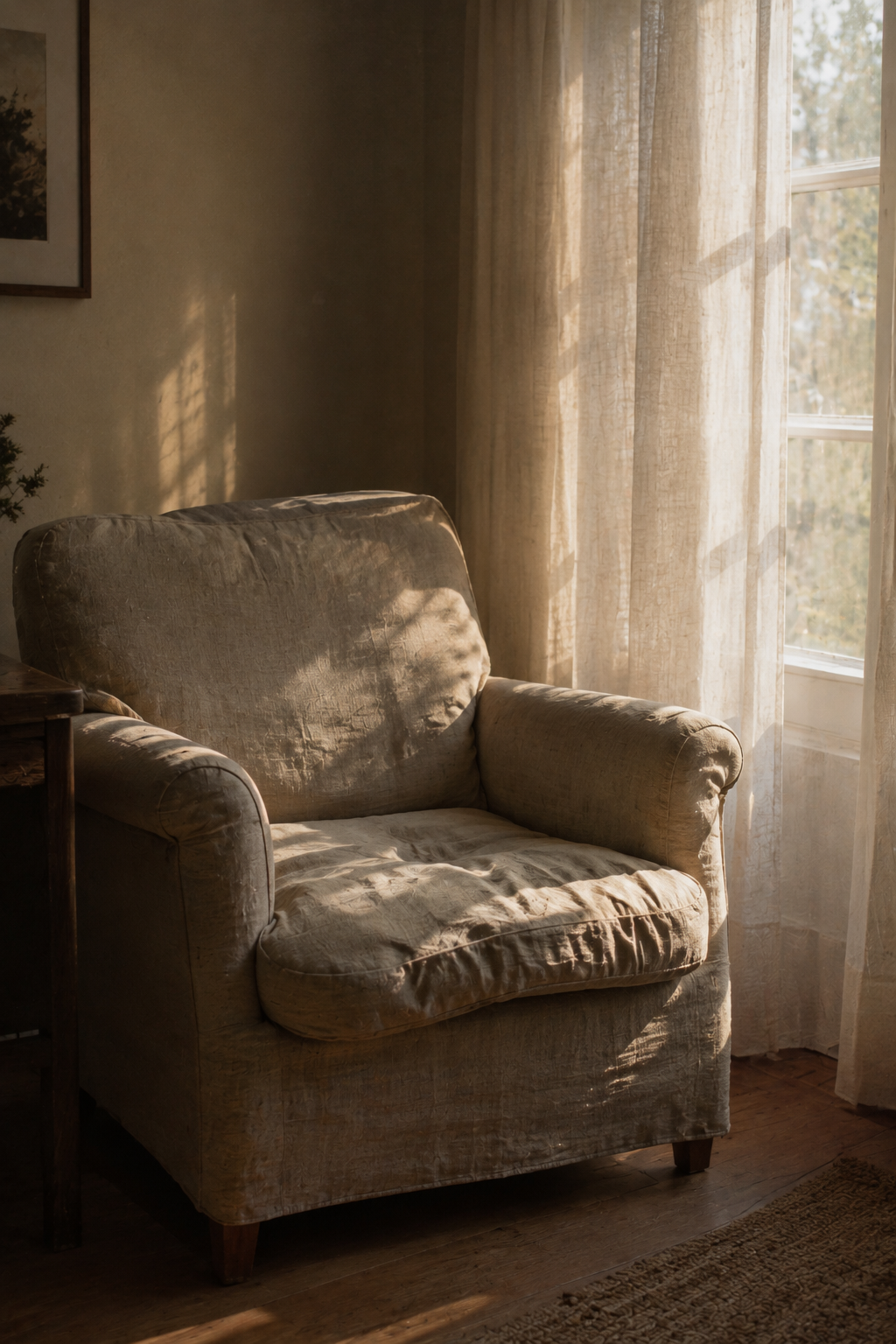 A quiet armchair by a sunlit window, representing a calm hypnotherapy session