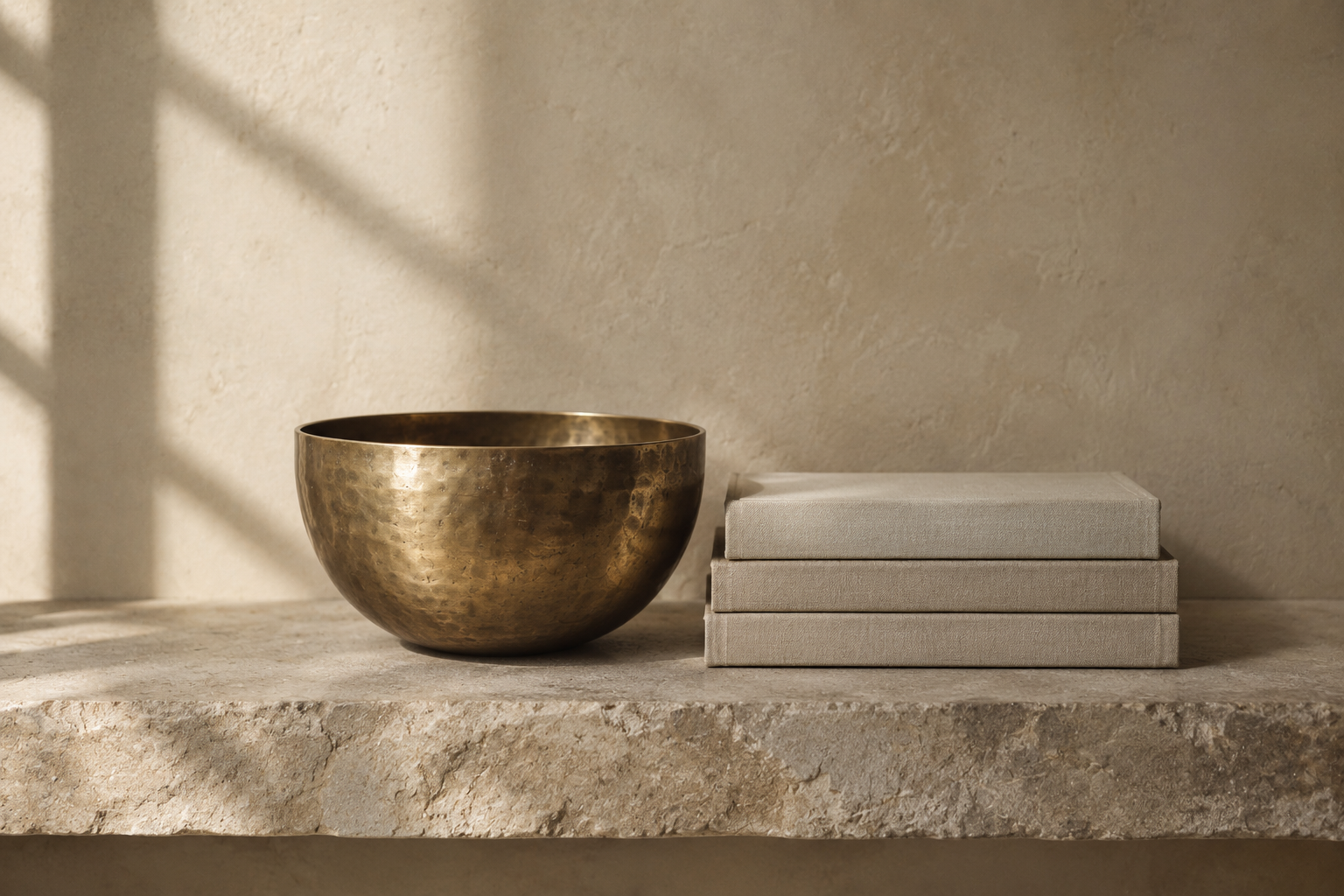 Brass singing bowl and books on a stone shelf, the calm setting of a private psychic reading