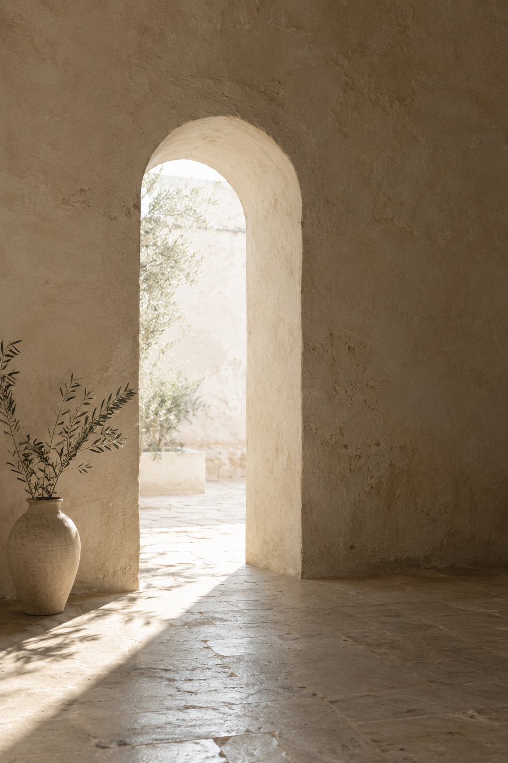 Sunlit arched doorway with a vase of dried branches, a calm space for a psychic medium reading