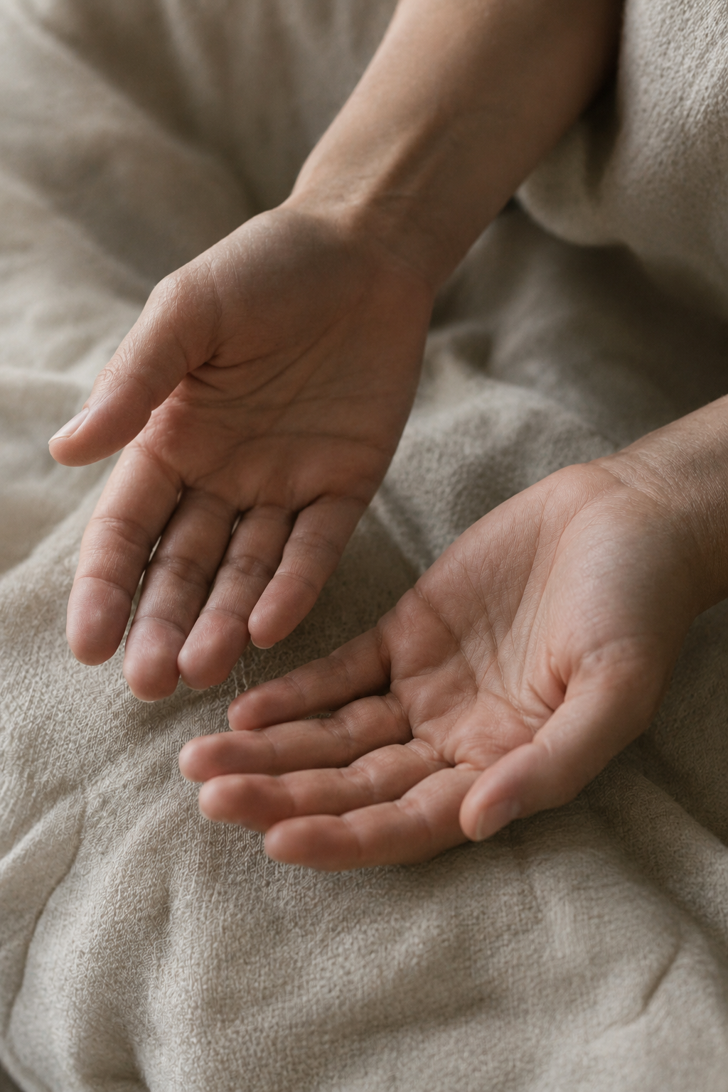 Open palms held above a soft blanket, representing Reiki energy healing