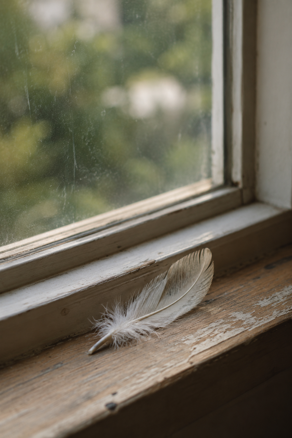 A single feather resting on a windowsill, representing signs from spirit
