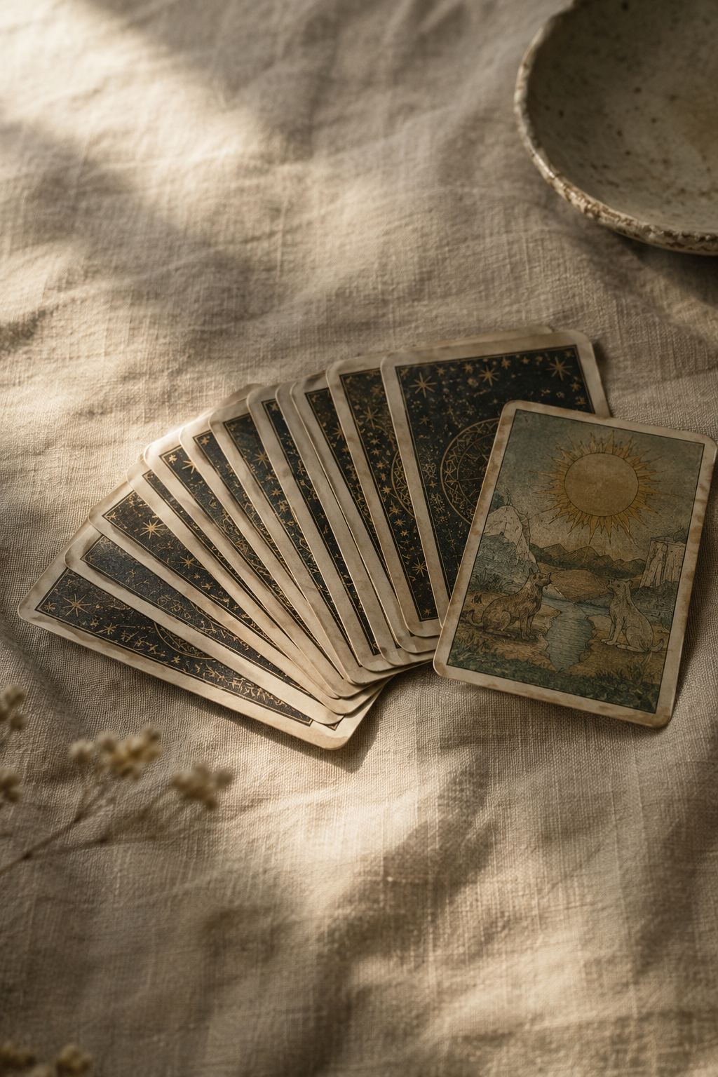 Tarot cards fanned across a linen cloth for a journal piece on reading tarot in everyday life