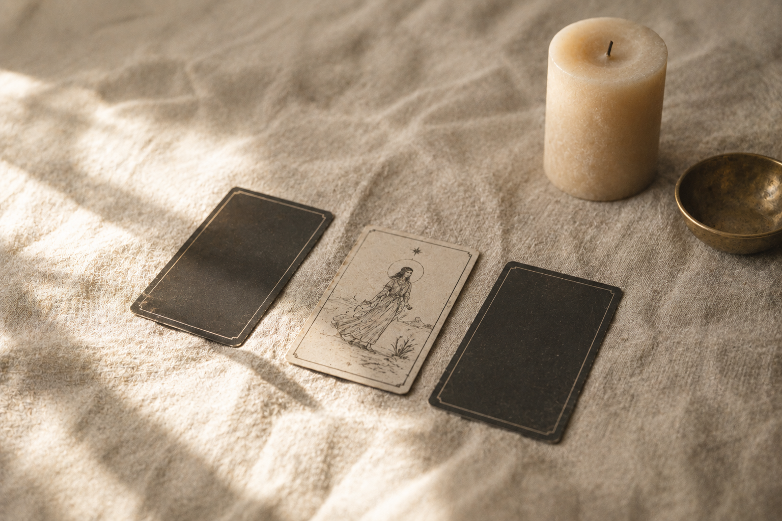 Tarot cards laid out on linen beside a candle for a tarot reading with Astara