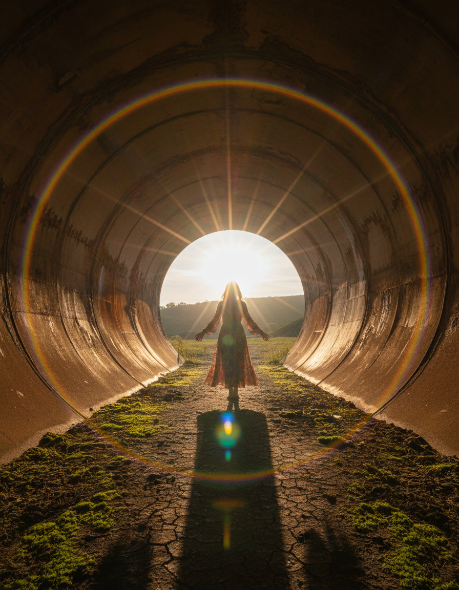 Woman silhouetted with open arms inside a concrete tunnel, backlit by bright sunlight